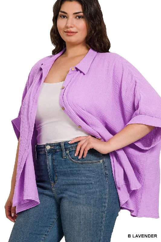 PLUS DOUBLE GAUZE 3/4 SLEEVE BUTTON UP SHIRT in Lavender