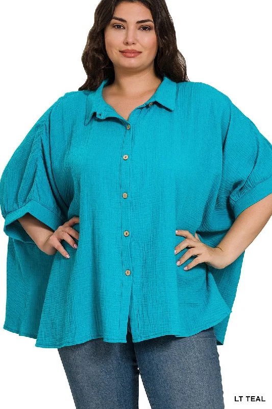 PLUS DOUBLE GAUZE 3/4 SLEEVE BUTTON UP SHIRT in Teal